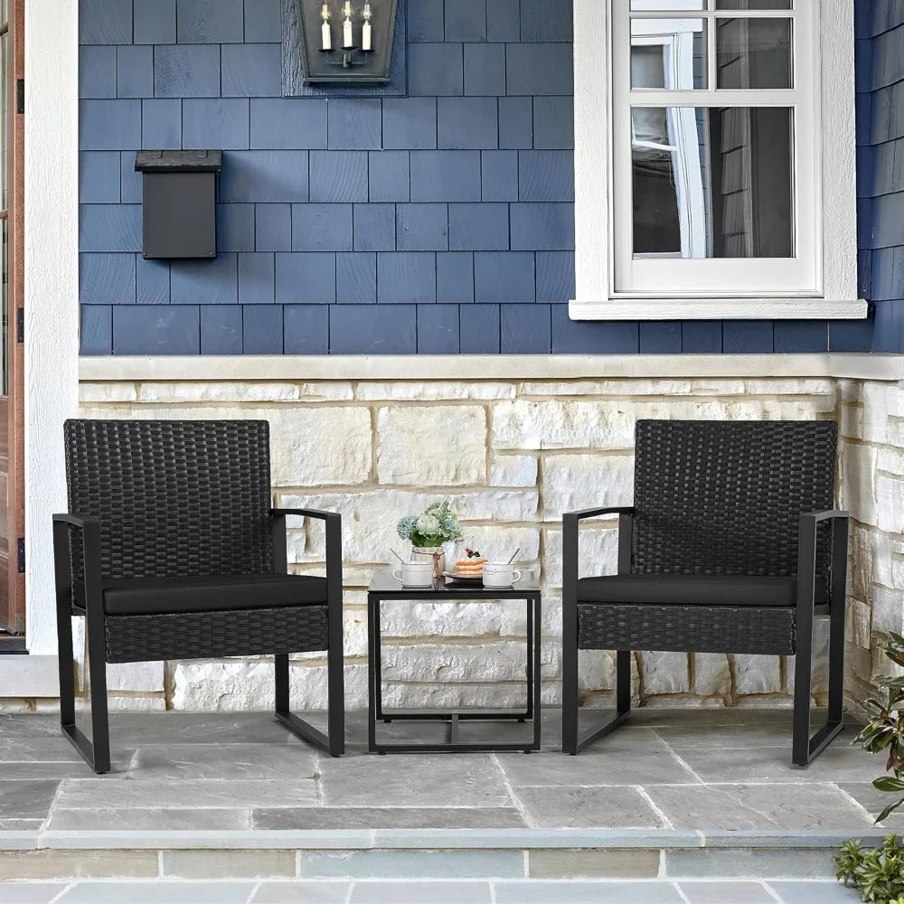 Juego de muebles de mimbre para patio exterior de 3 piezas, moderno juego de conversación de sillas de ratán con mesa de café para patio y bistró
