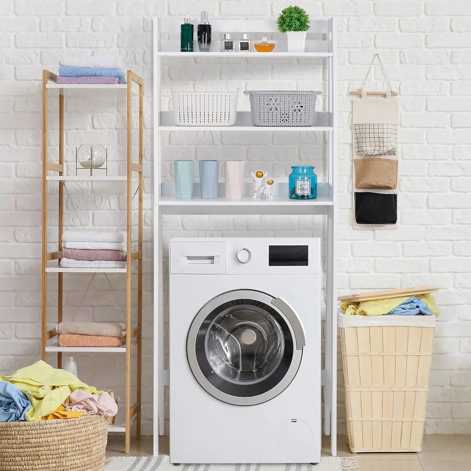 Estantería de almacenamiento para baño de 3 niveles sobre el inodoro, estante organizador de baño de madera independiente con estantes para lavandería