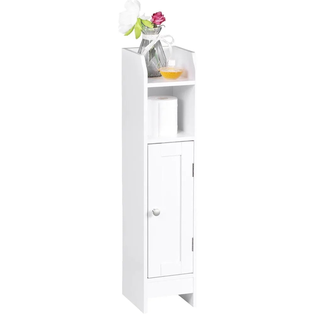 Armario de baño estrecho, Armario de baño angosto con puerta y estantes ajustables, Armario de almacenamiento de papel higiénico de pie