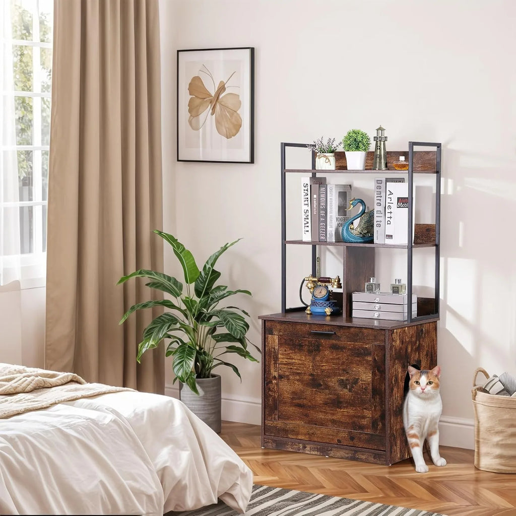 Arenero para gatos 2 en 1 con estantes de almacenamiento, mueble escondido para arenero de gatos con entrada (Marrón rústico)