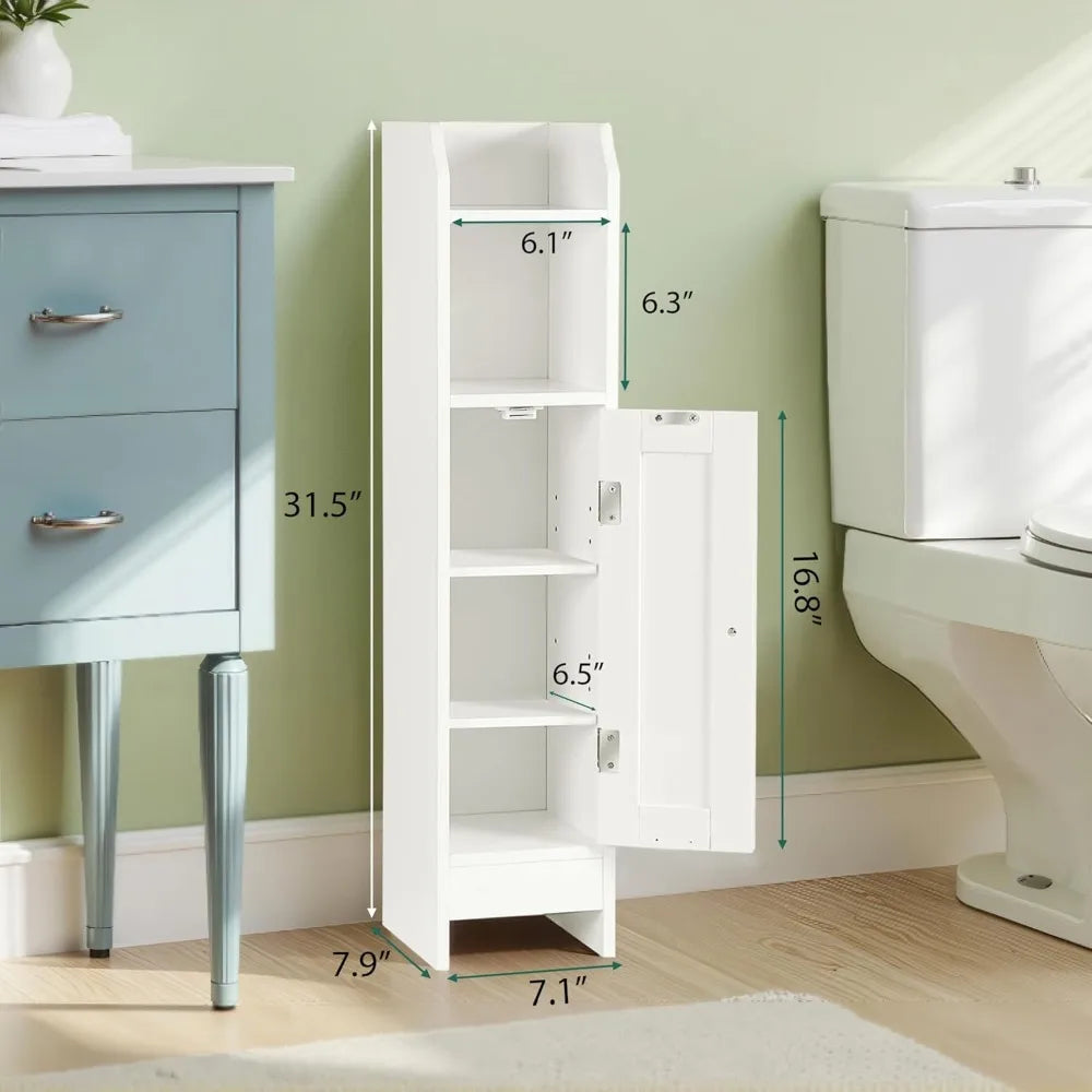 Armario de baño estrecho, Armario de baño angosto con puerta y estantes ajustables, Armario de almacenamiento de papel higiénico de pie