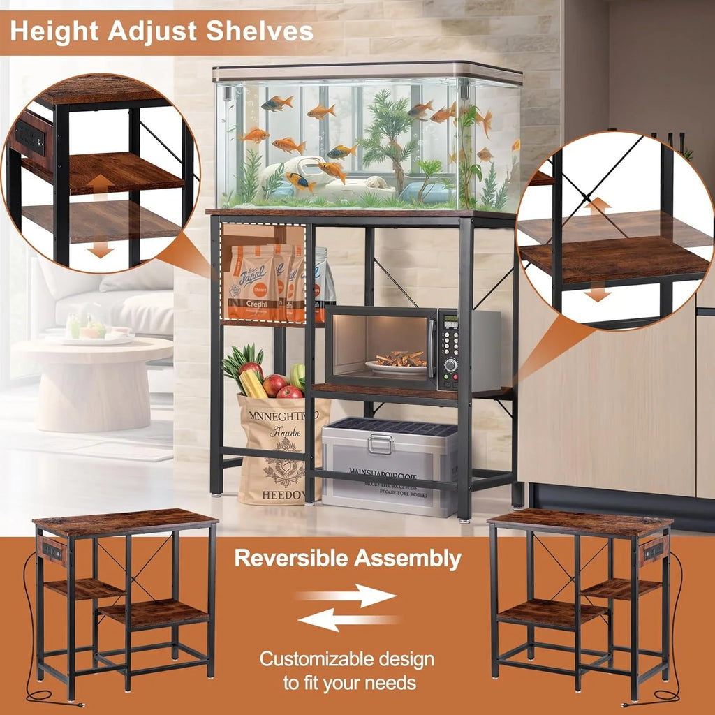 Soporte para pecera de 20-29-37 galones con estantes de almacenamiento ajustables de 3 niveles y toma de corriente, soporte para terrario, 30.7" largo x 13.7"