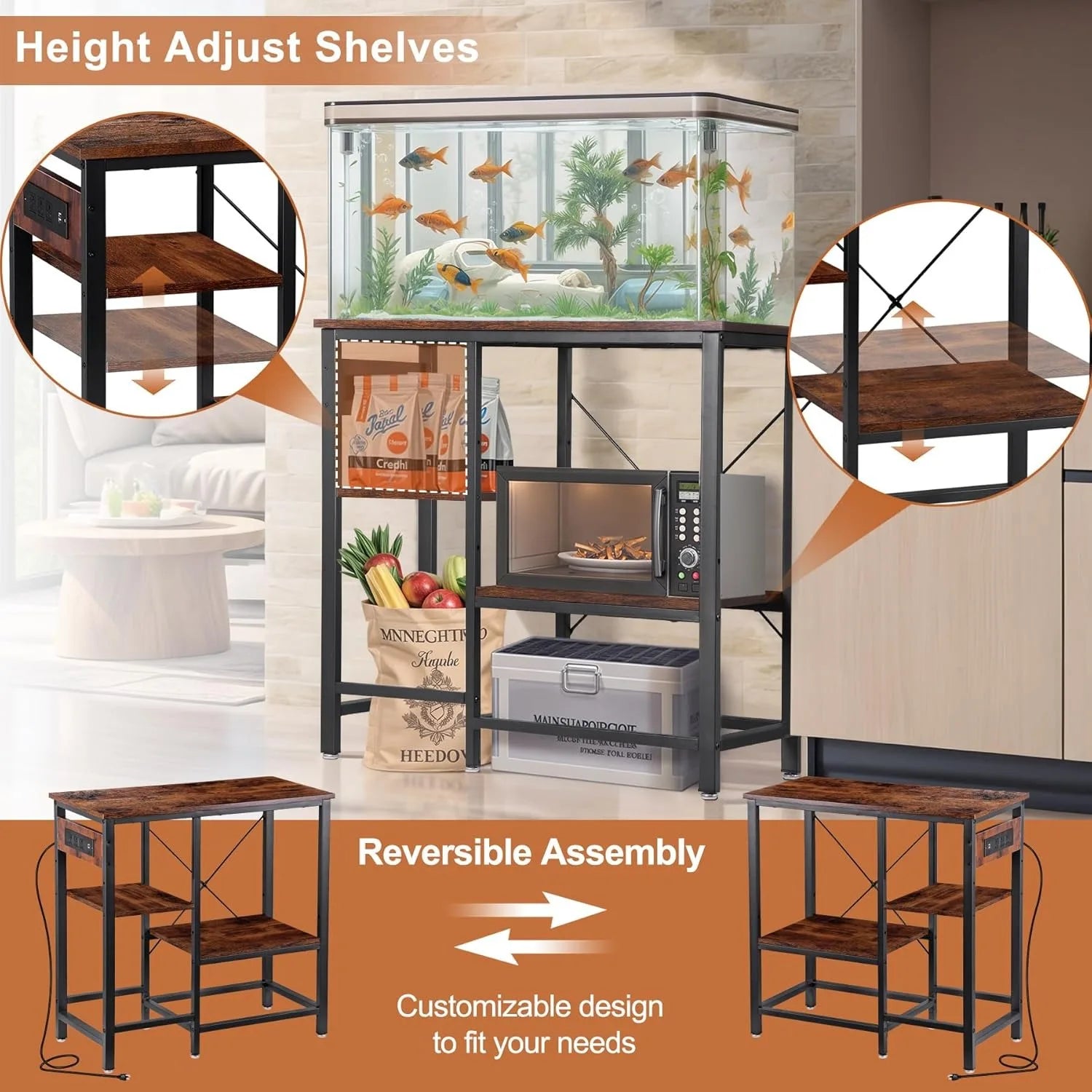 Soporte para pecera de 20-29-37 galones con estantes de almacenamiento ajustables de 3 niveles y toma de corriente, soporte para terrario, 30.7" largo x 13.7"
