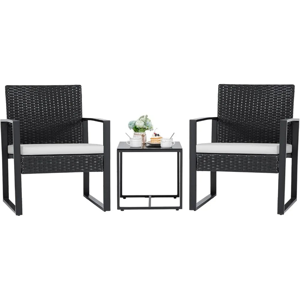Juego de muebles de mimbre para patio exterior de 3 piezas, moderno juego de conversación de sillas de ratán con mesa de café para patio y bistró