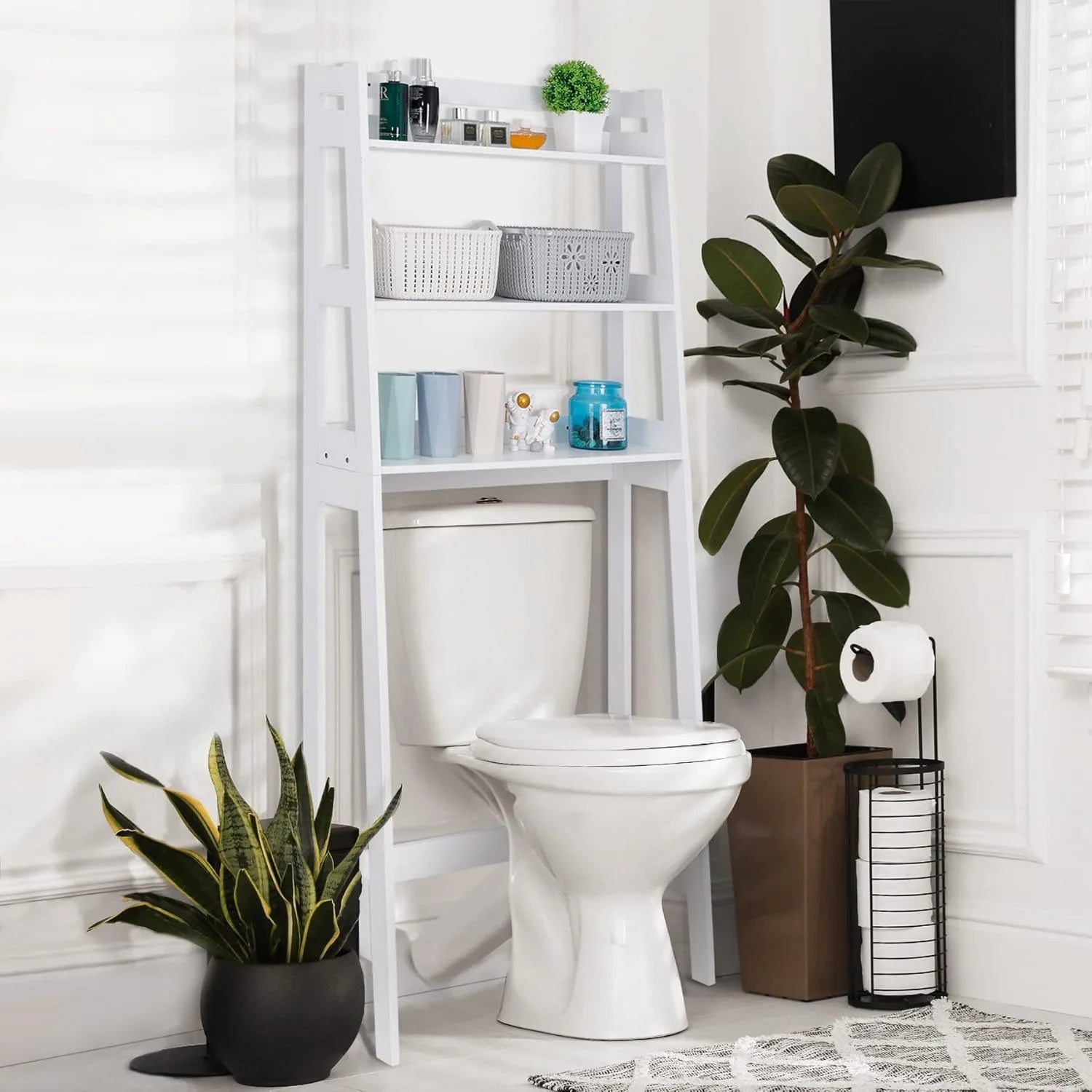Estantería de almacenamiento para baño de 3 niveles sobre el inodoro, estante organizador de baño de madera independiente con estantes para lavandería