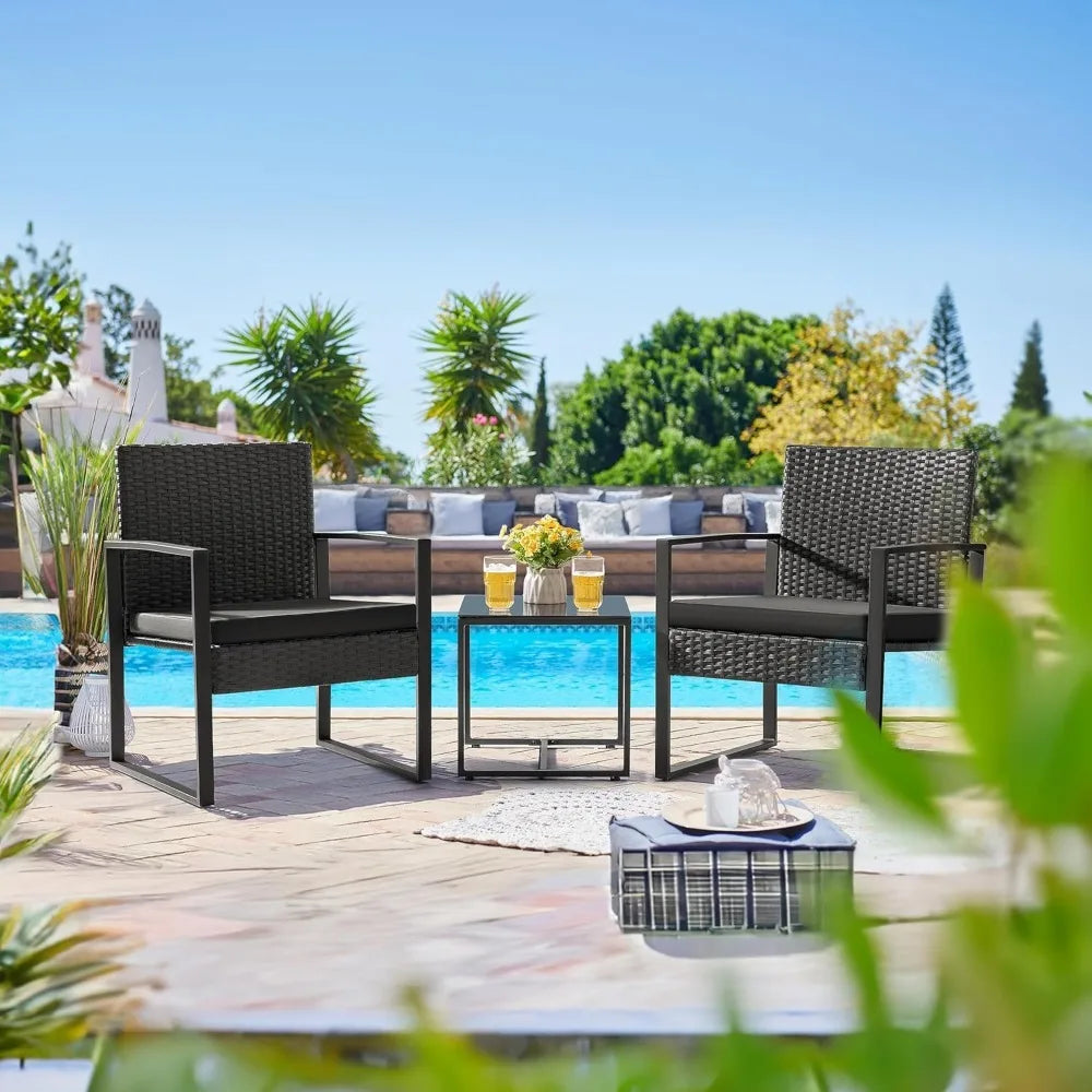 Juego de muebles de mimbre para patio exterior de 3 piezas, moderno juego de conversación de sillas de ratán con mesa de café para patio y bistró