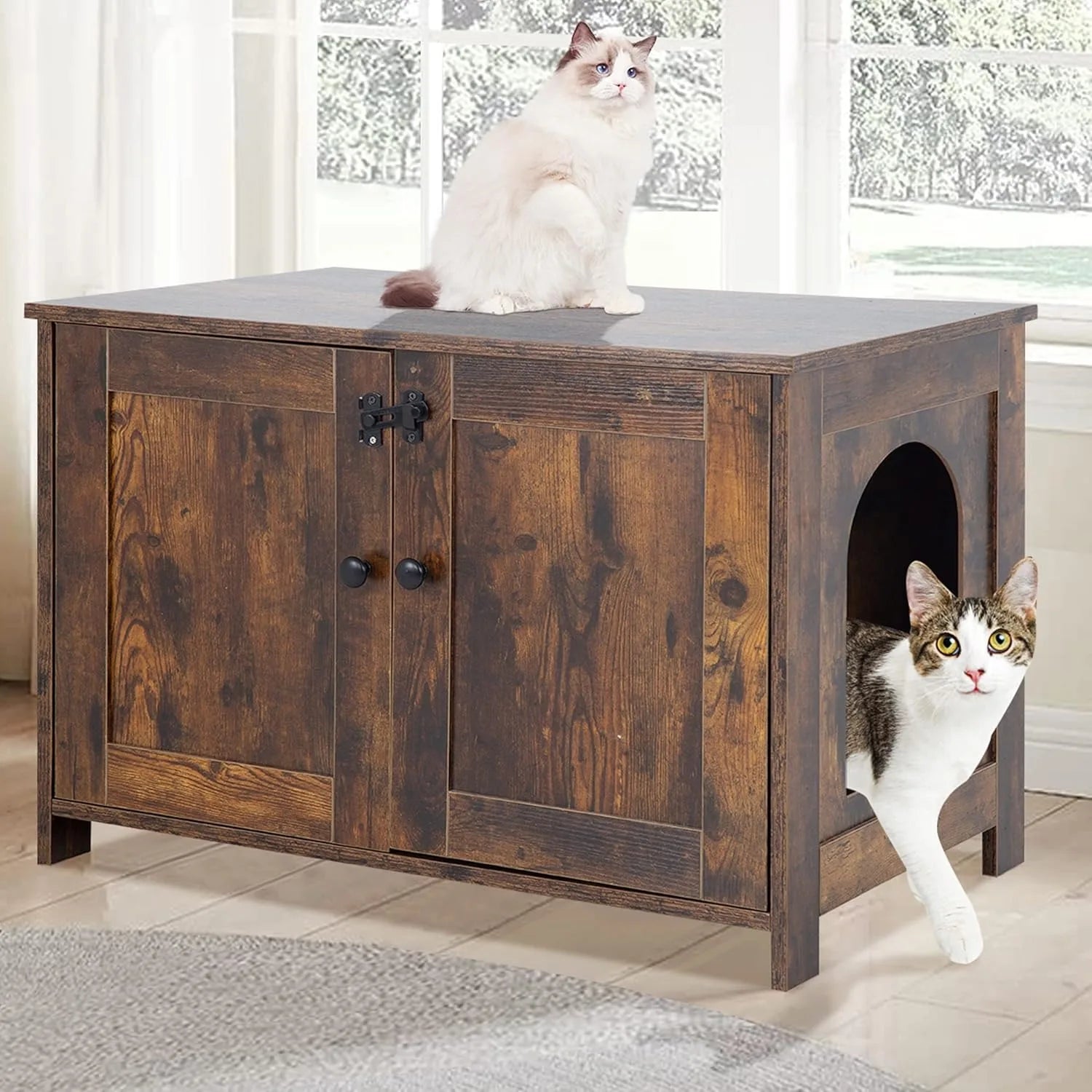 Mueble para Arenero de Gato, Arenero de Gato de Madera Oculto con Divisor Extraíble y Entrada Reversible, Inodoro para Gatos