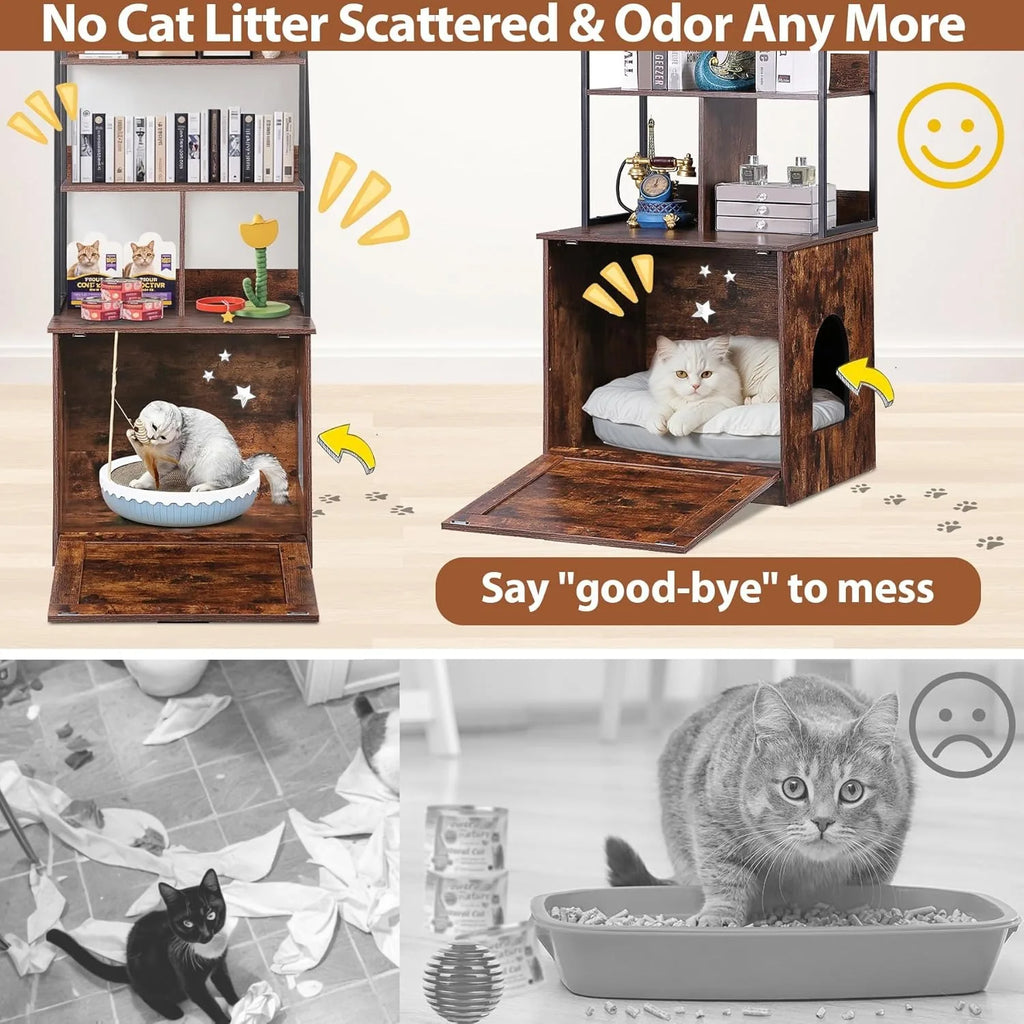 Arenero para gatos 2 en 1 con estantes de almacenamiento, mueble escondido para arenero de gatos con entrada (Marrón rústico)