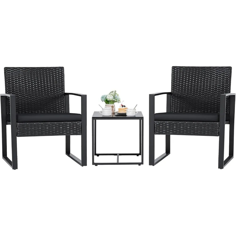 Juego de muebles de mimbre para patio exterior de 3 piezas, moderno juego de conversación de sillas de ratán con mesa de café para patio y bistró