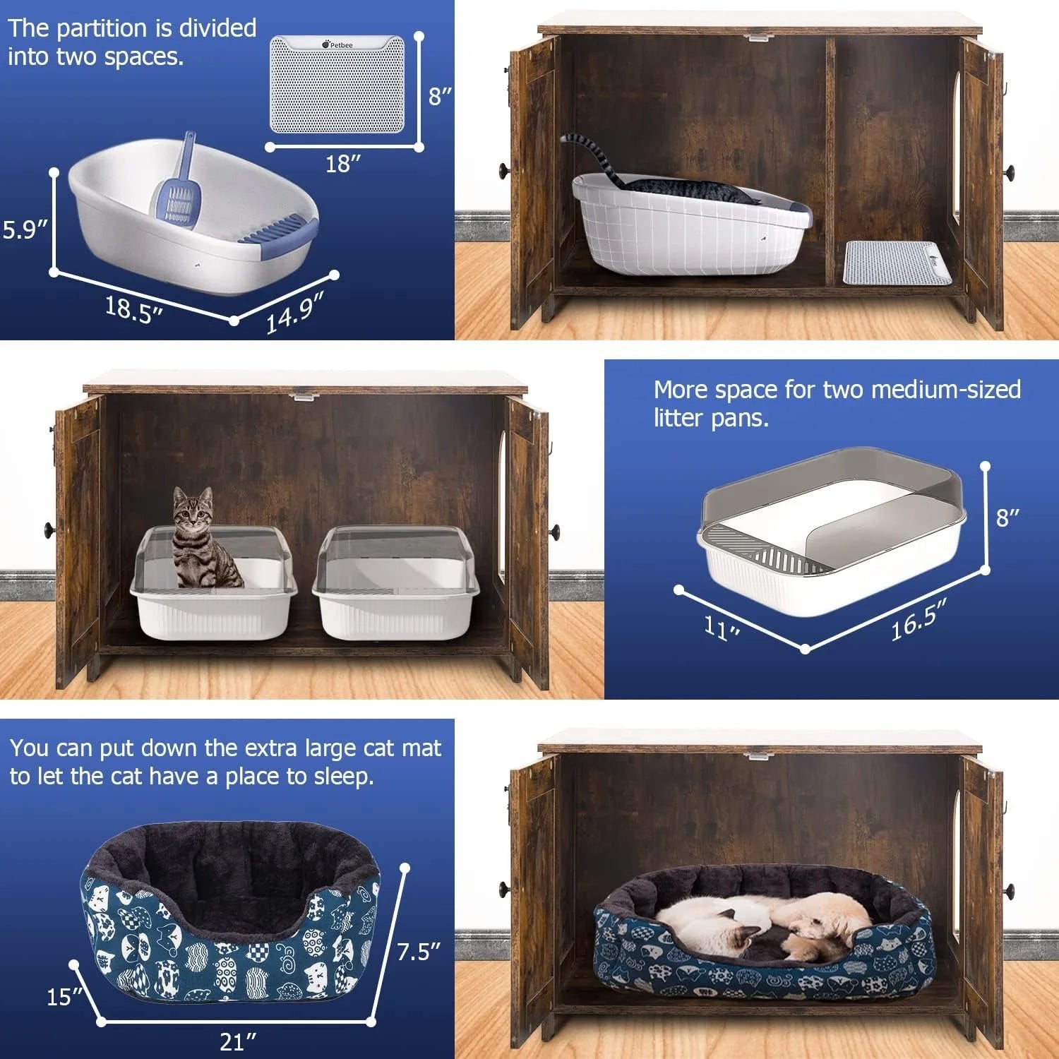 Mueble para Arenero de Gato, Arenero de Gato de Madera Oculto con Divisor Extraíble y Entrada Reversible, Inodoro para Gatos