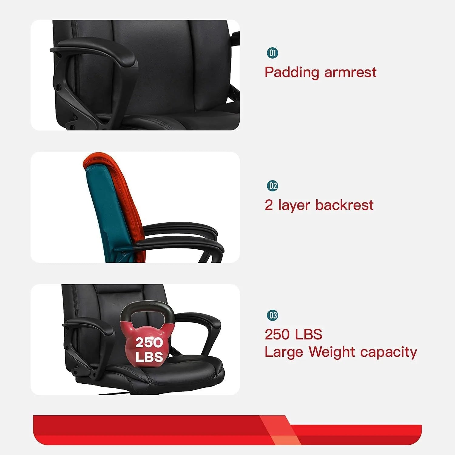 Silla de Oficina para Ordenador, Piel Sintética, Silla Ejecutiva Ergonómica de Escritorio, Altura Ajustable con Ruedas y Reposabrazos, Giratoria