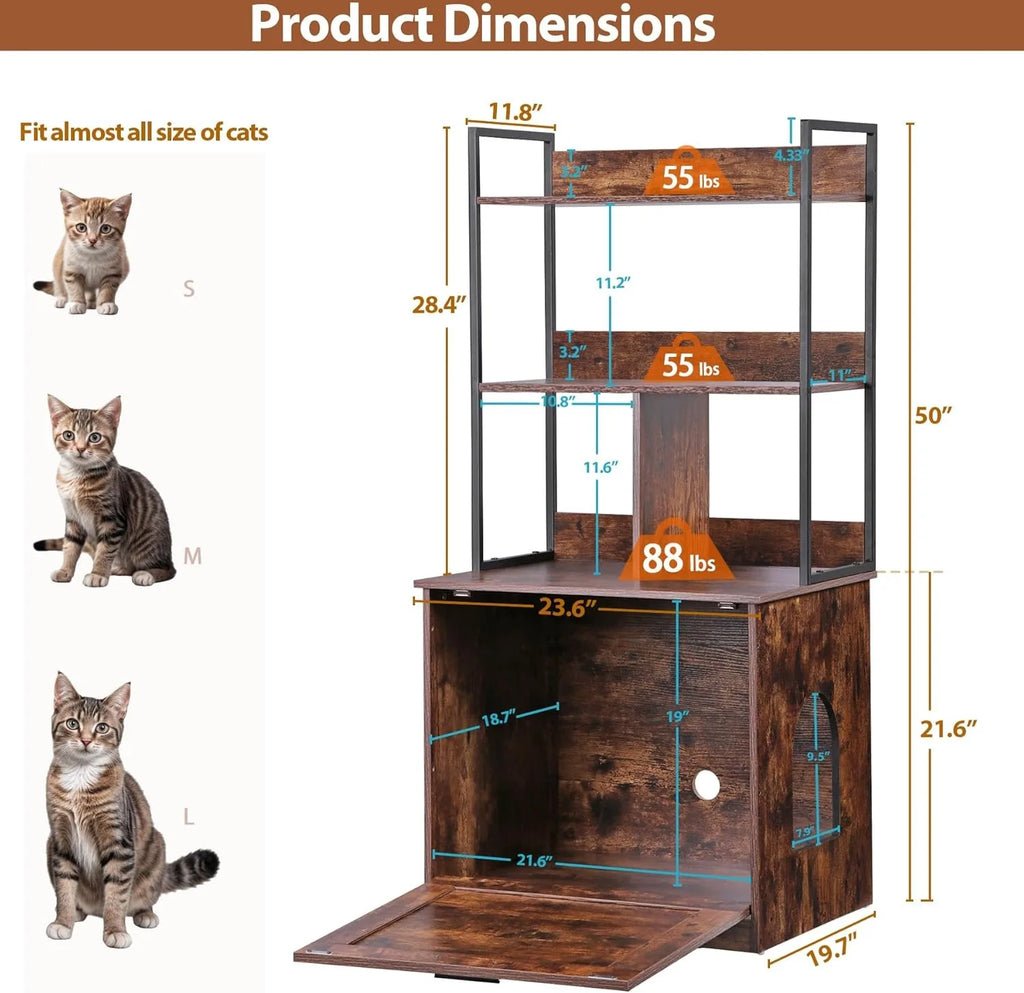 Arenero para gatos 2 en 1 con estantes de almacenamiento, mueble escondido para arenero de gatos con entrada (Marrón rústico)