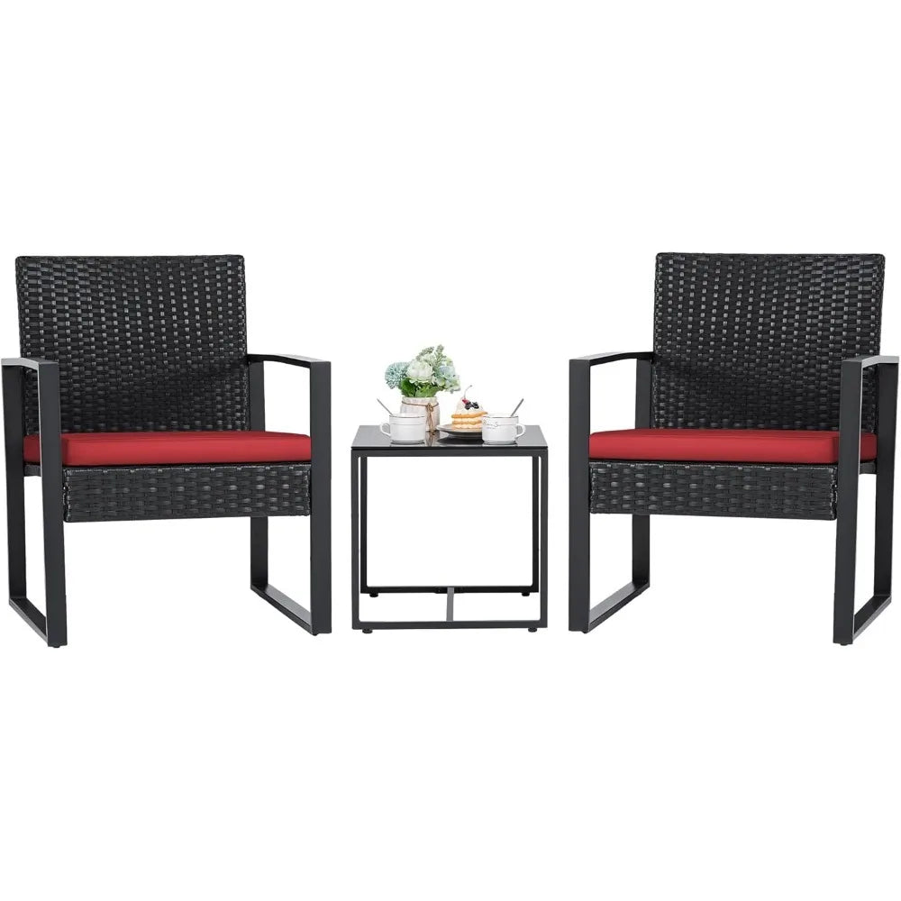 Juego de muebles de mimbre para patio exterior de 3 piezas, moderno juego de conversación de sillas de ratán con mesa de café para patio y bistró
