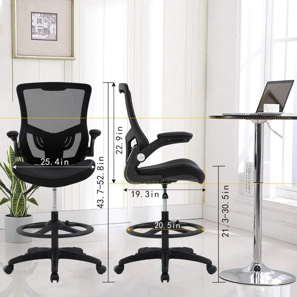 Silla de dibujo ergonómica, silla alta de oficina, silla de escritorio de pie con reposabrazos abatibles, reposapiés, soporte lumbar, altura ajustable, malla D