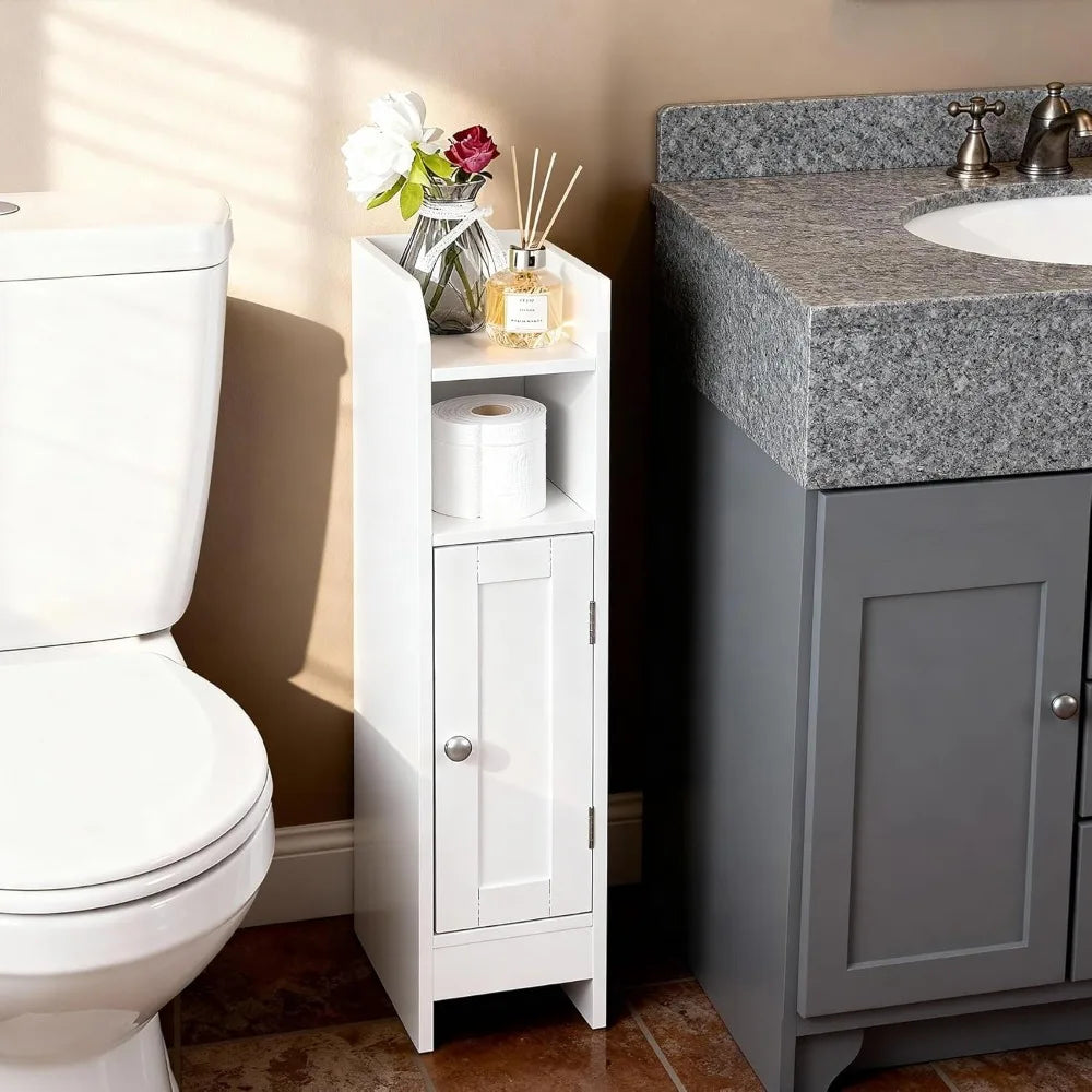 Armario de baño estrecho, Armario de baño angosto con puerta y estantes ajustables, Armario de almacenamiento de papel higiénico de pie