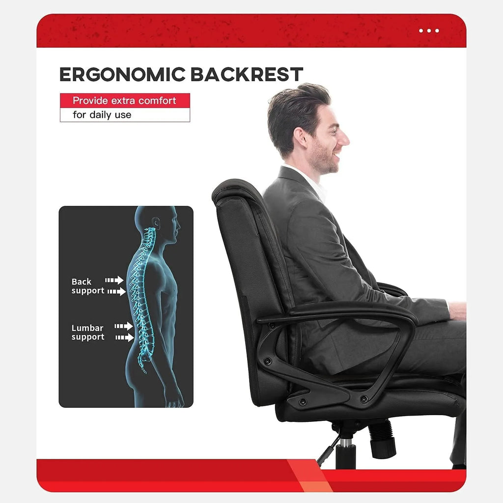 Silla de Oficina para Ordenador, Piel Sintética, Silla Ejecutiva Ergonómica de Escritorio, Altura Ajustable con Ruedas y Reposabrazos, Giratoria