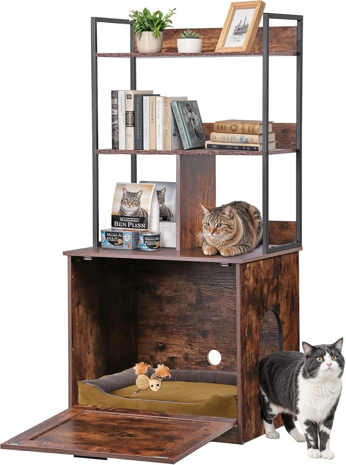Arenero para gatos 2 en 1 con estantes de almacenamiento, mueble escondido para arenero de gatos con entrada (Marrón rústico)
