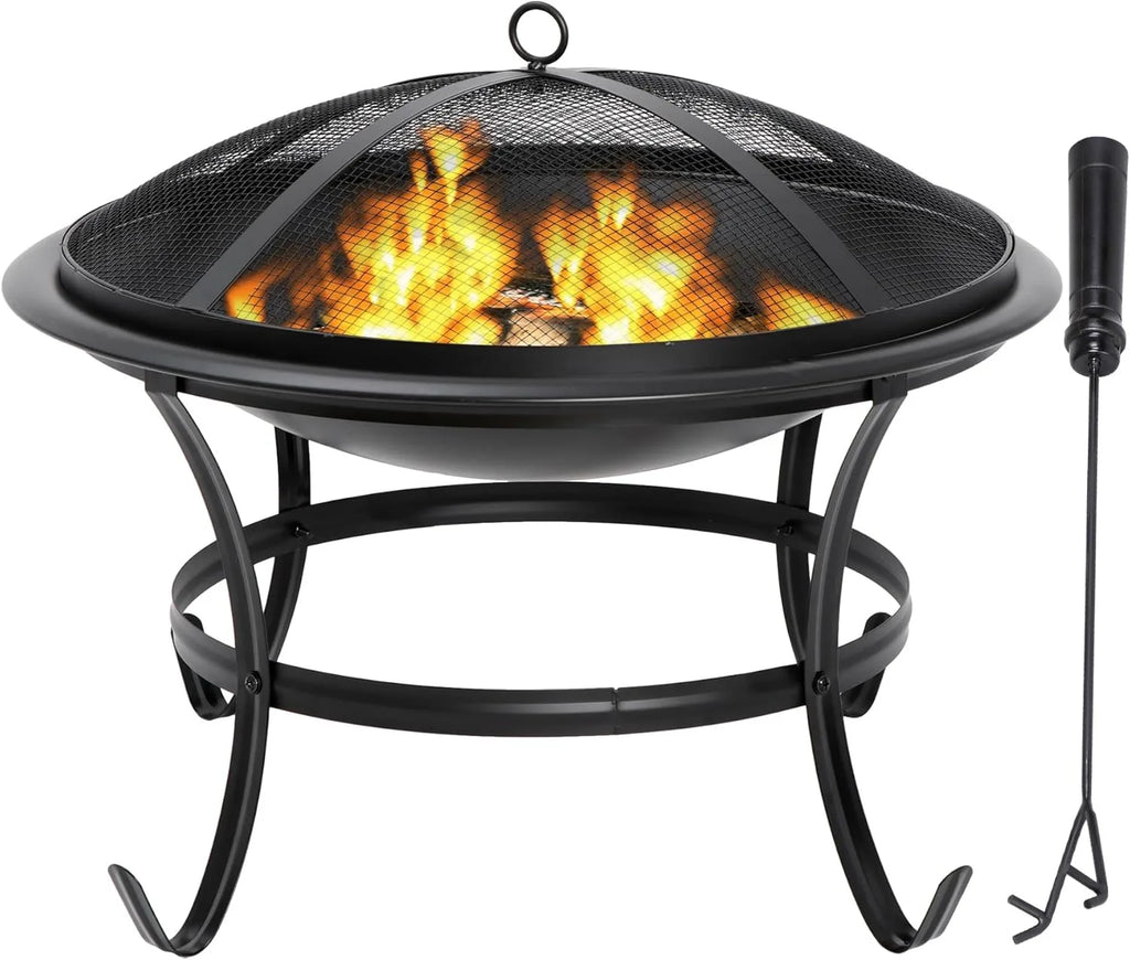Pozo de fuego de 22 pulgadas, de acero, para leña, parrilla, cuenco, chimenea con pantalla de malla y atizador, rejilla para leña.