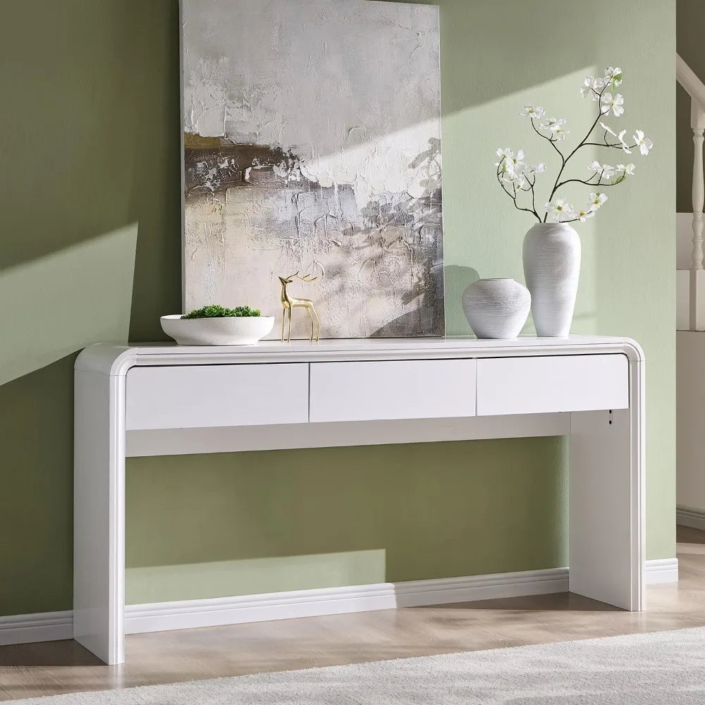 Mesa consola de 63'' con 3 cajones, mesa de entrada moderna con diseño de perfil curvo, mesa de sofá larga y estrecha de madera