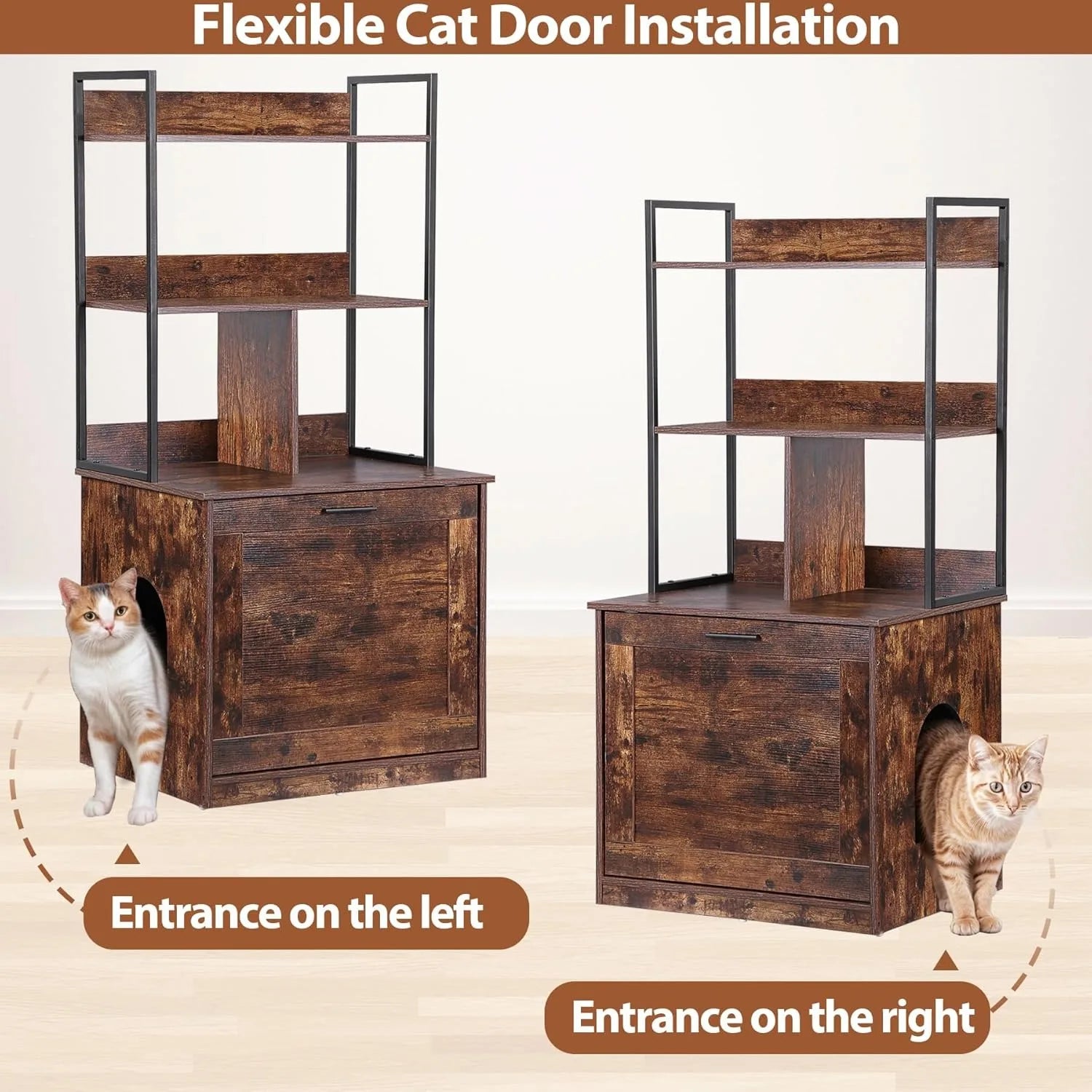 Arenero para gatos 2 en 1 con estantes de almacenamiento, mueble escondido para arenero de gatos con entrada (Marrón rústico)