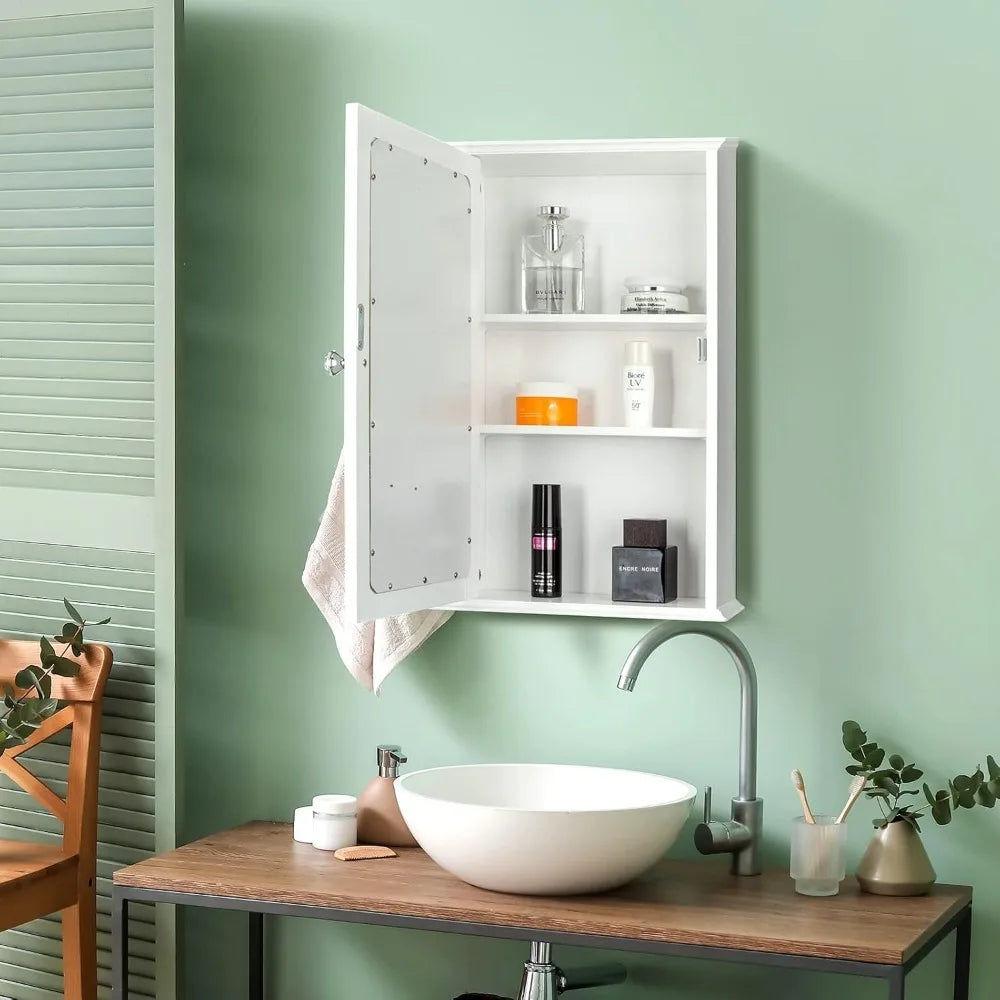 Botiquín de madera, blanco, para montar en la pared, con una sola puerta de espejo y estantes ajustables para baño, sala de estar