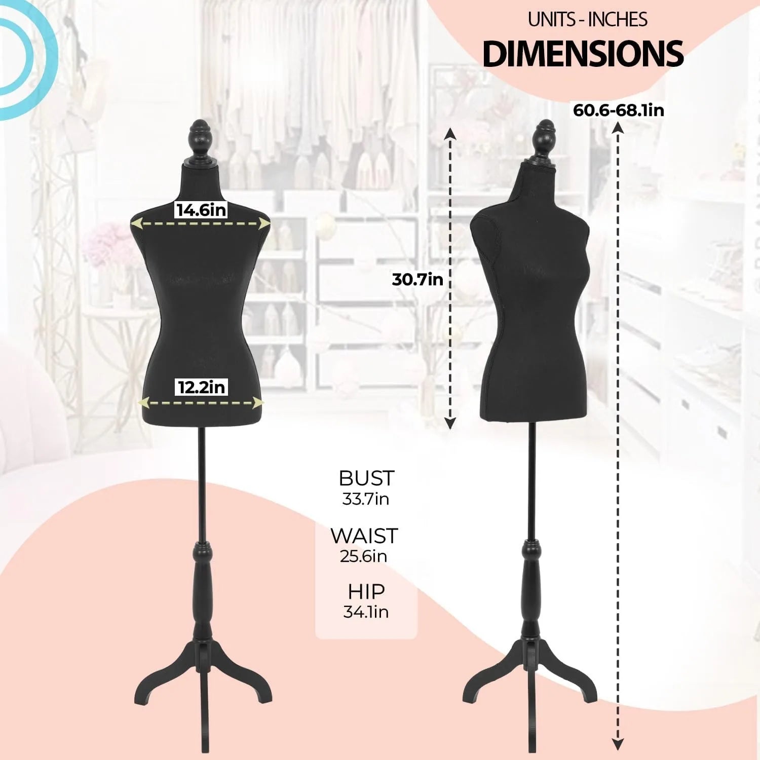 Mannequin Torso Female Manikin Body Dress Form Mannequin 59-67 Inch Lightweight Height Adjustable Wooden Tripod Stand High Densi