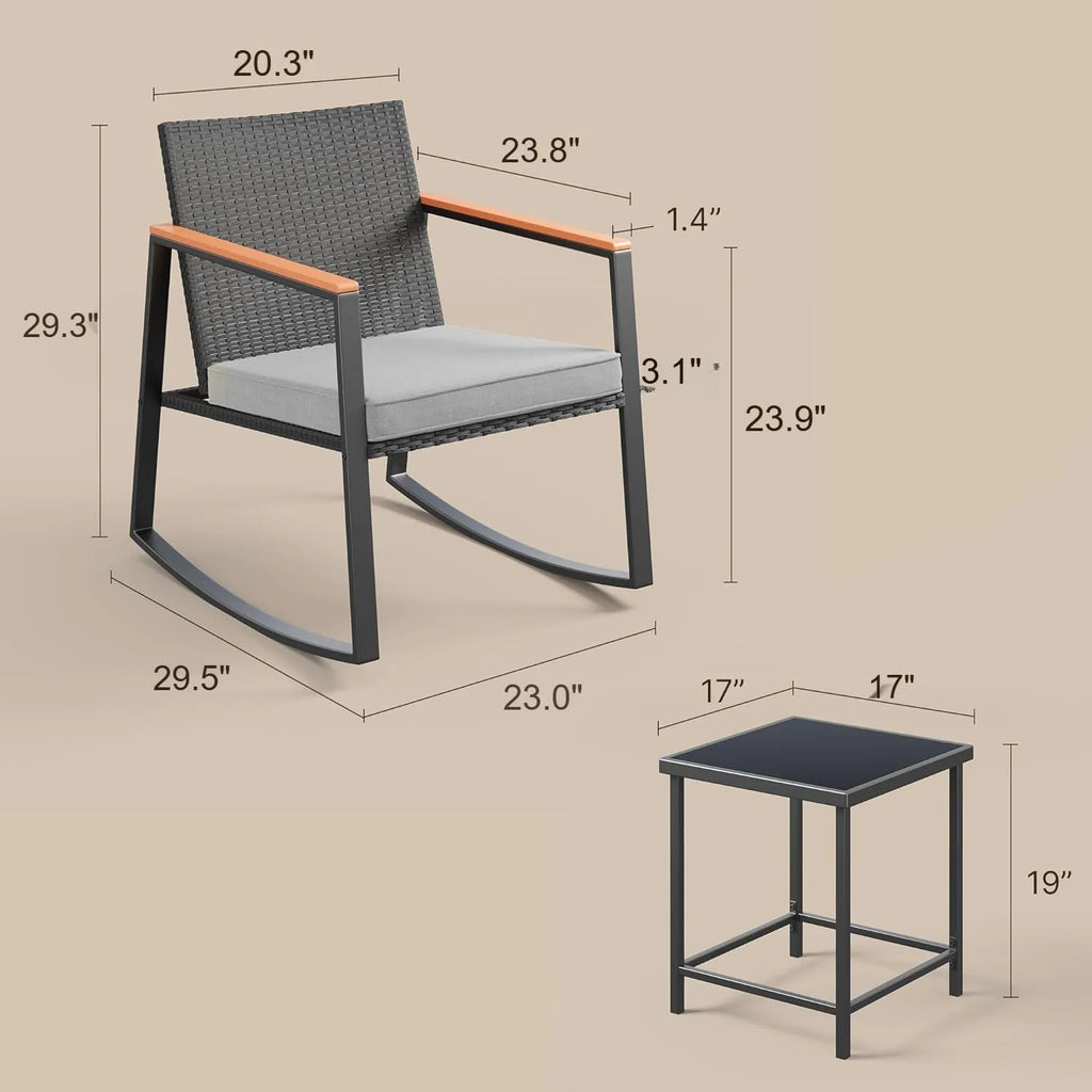 Juego de Bistró de Patio Mecedor de 3 Piezas con Apoyabrazos Anti-Quemaduras, Muebles de Patio de Ratán para Exteriores con Mesa de Cristal y Cojines