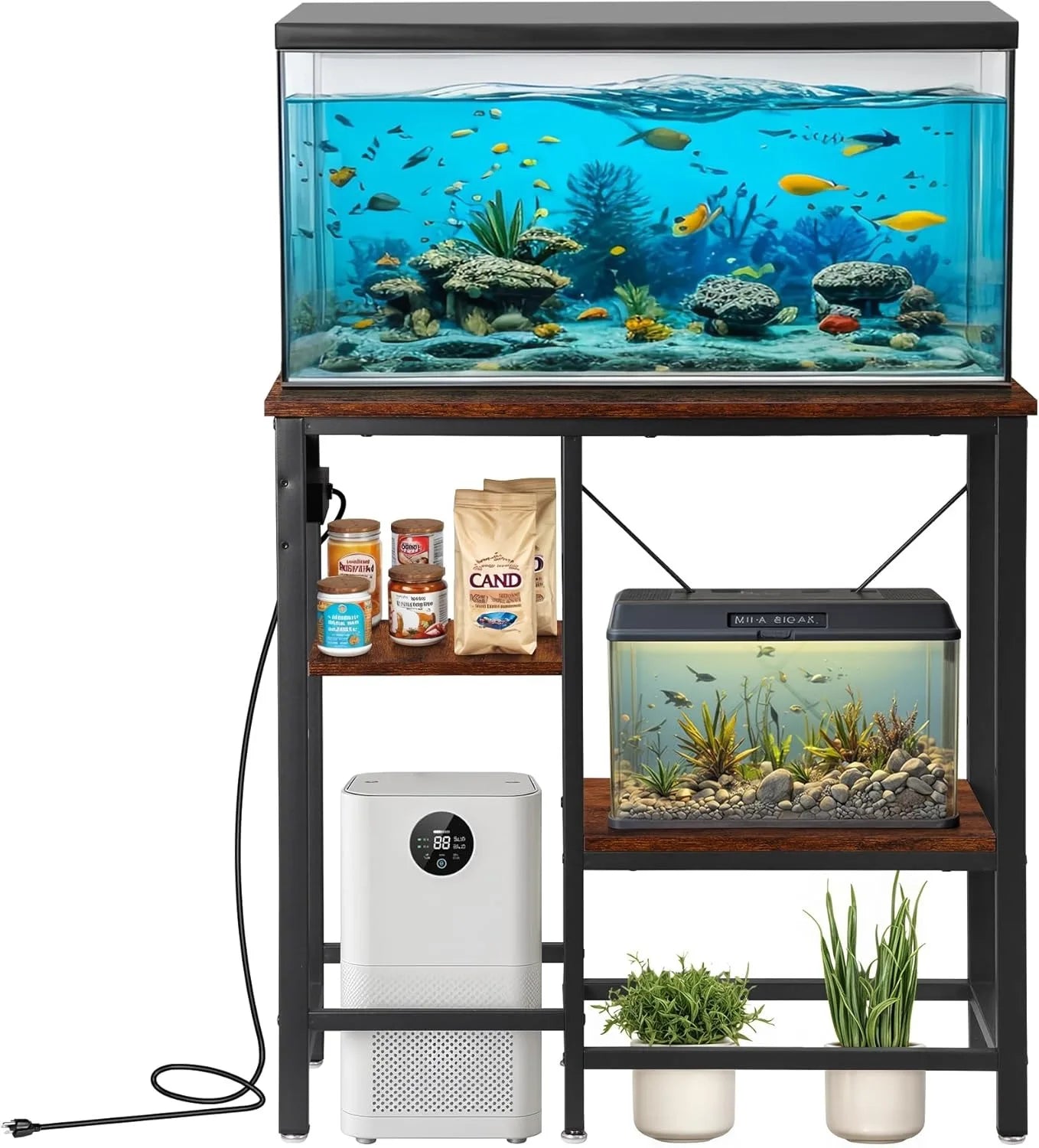 Soporte para pecera de 20-29-37 galones con estantes de almacenamiento ajustables de 3 niveles y toma de corriente, soporte para terrario, 30.7" largo x 13.7"