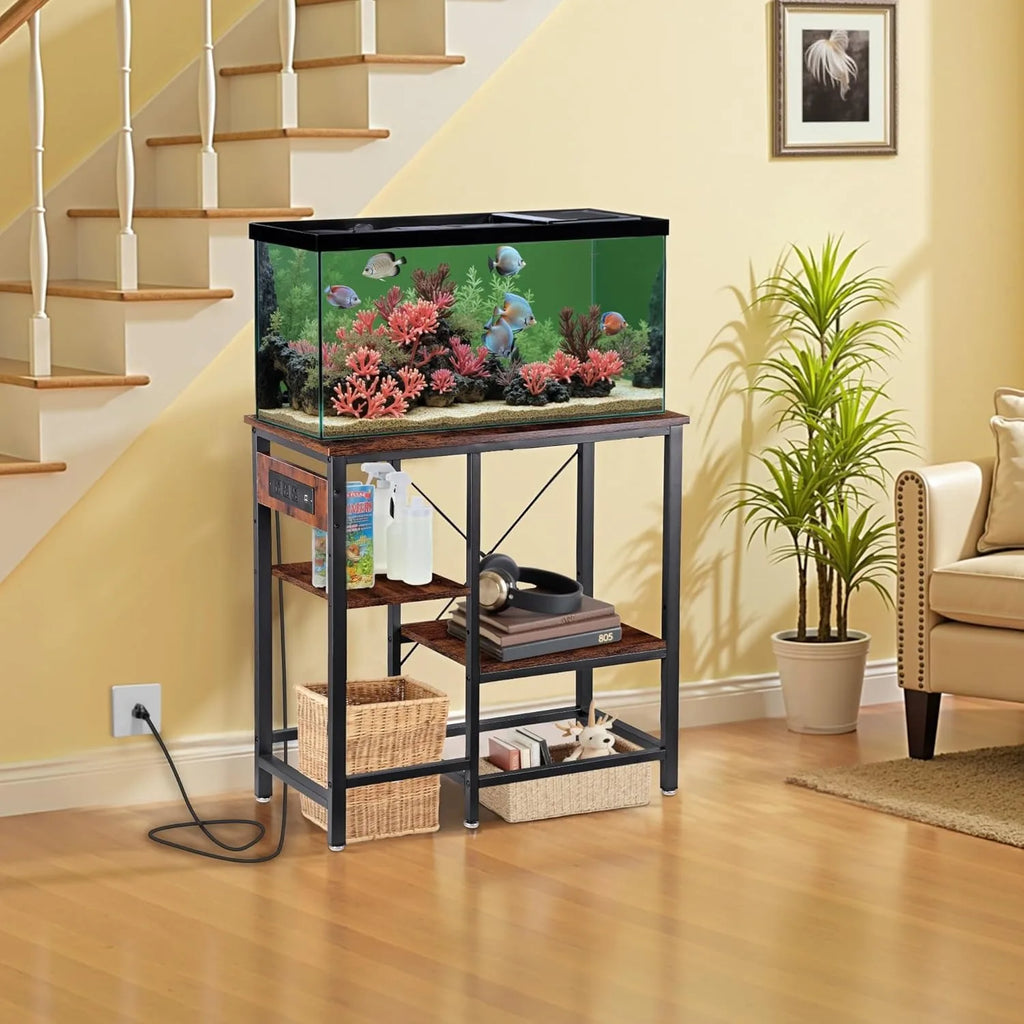 Soporte para pecera de 20-29-37 galones con estantes de almacenamiento ajustables de 3 niveles y toma de corriente, soporte para terrario, 30.7" largo x 13.7"