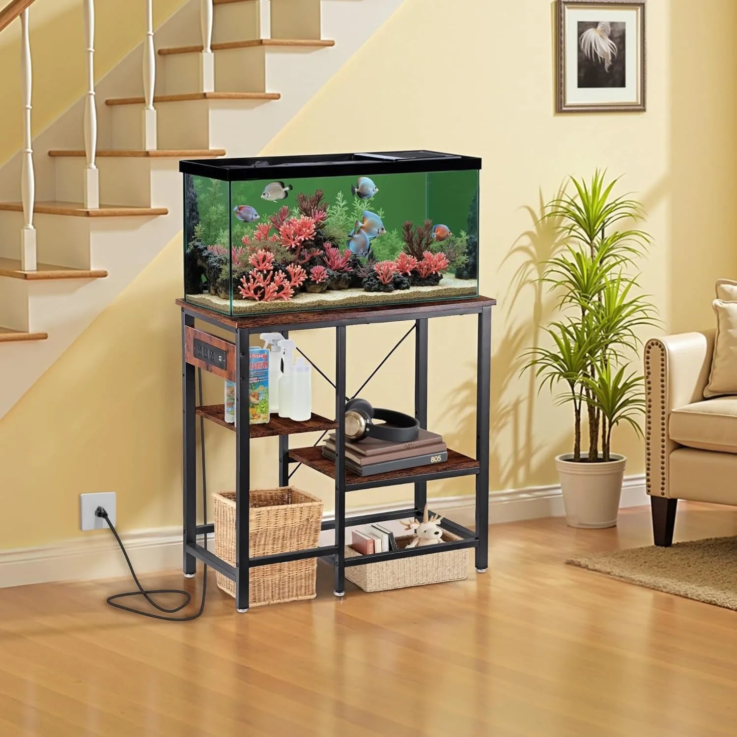 Soporte para pecera de 20-29-37 galones con estantes de almacenamiento ajustables de 3 niveles y toma de corriente, soporte para terrario, 30.7" largo x 13.7"