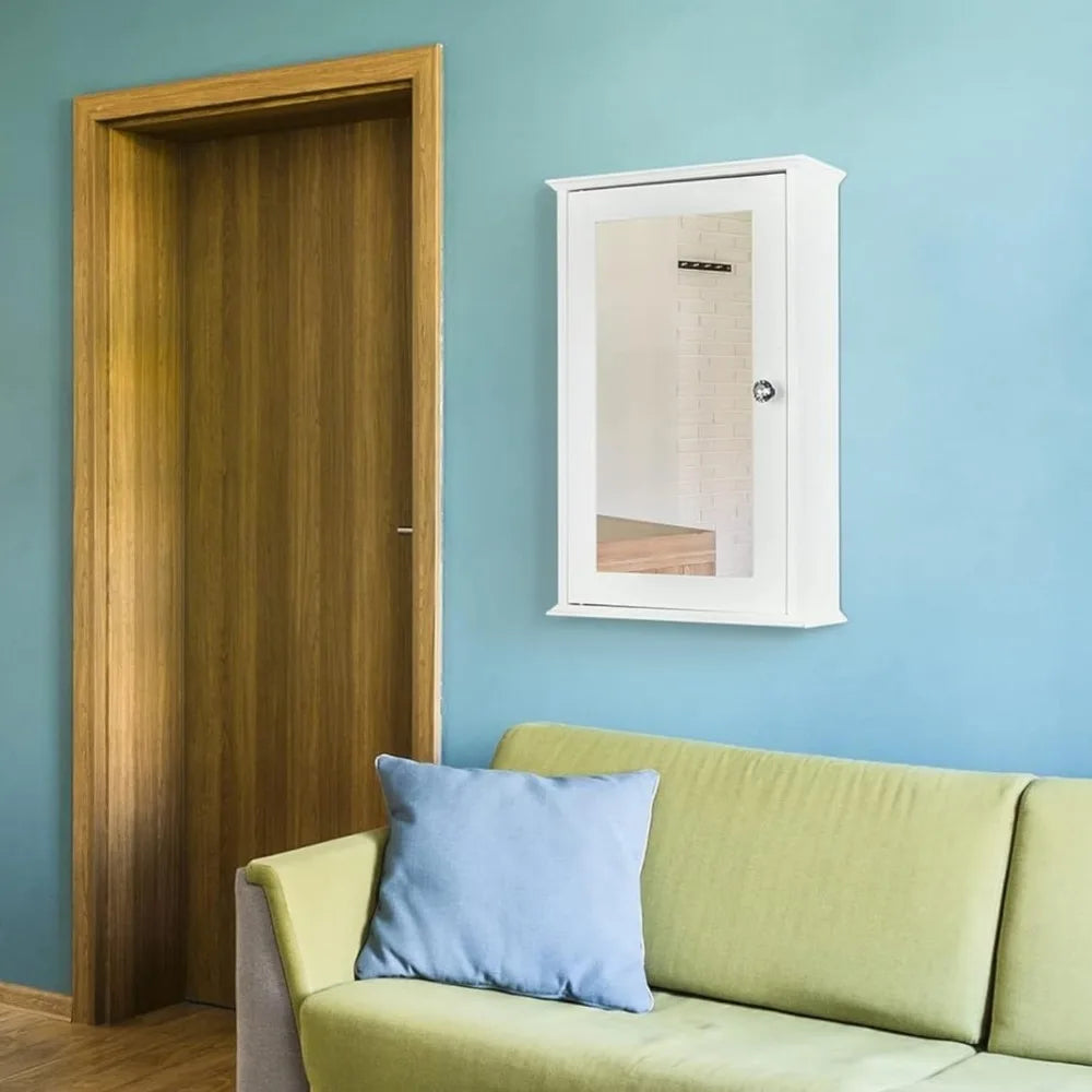 Botiquín de madera, blanco, para montar en la pared, con una sola puerta de espejo y estantes ajustables para baño, sala de estar