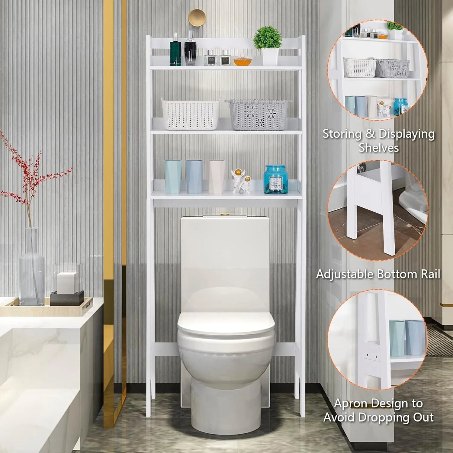 Estantería de almacenamiento para baño de 3 niveles sobre el inodoro, estante organizador de baño de madera independiente con estantes para lavandería
