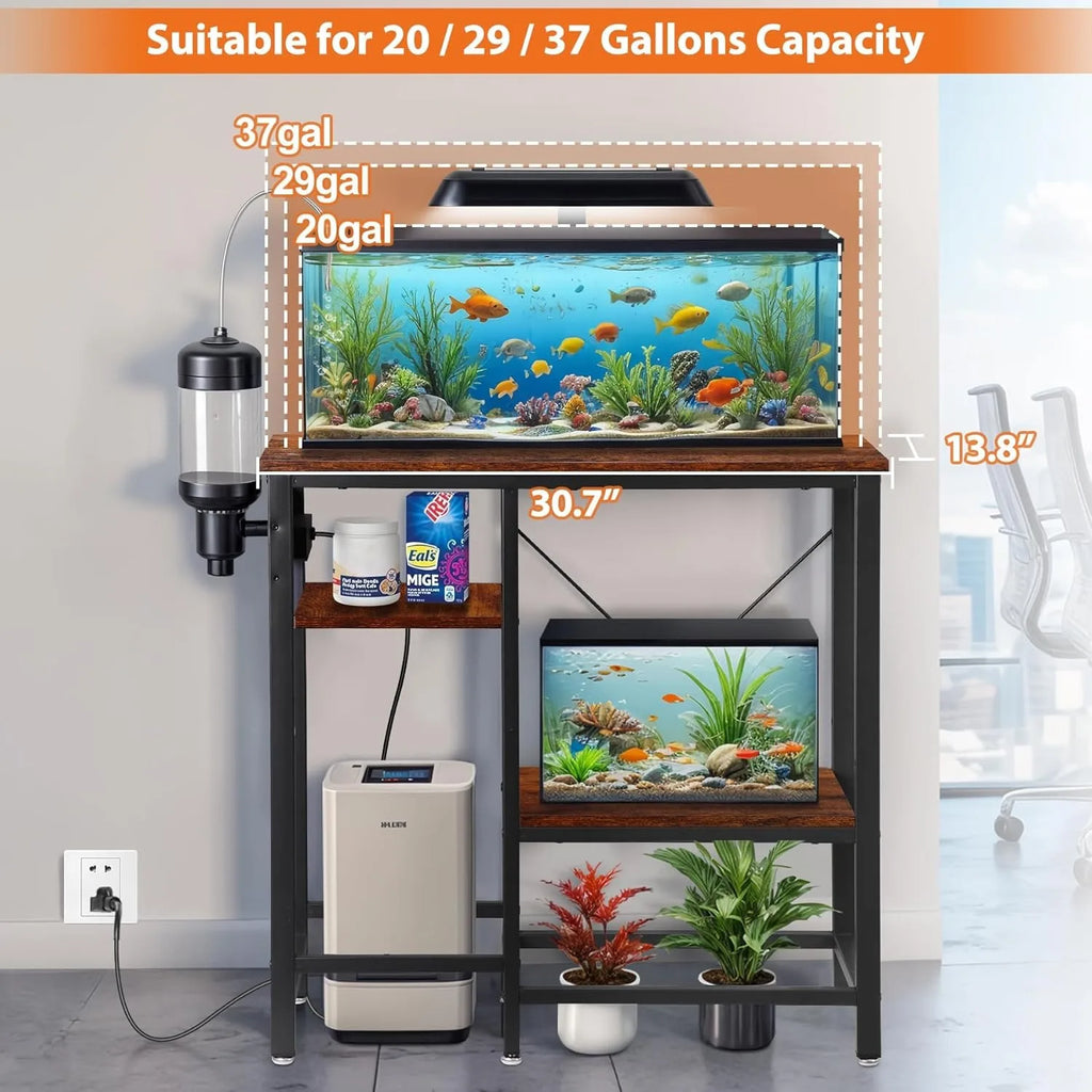 Soporte para pecera de 20-29-37 galones con estantes de almacenamiento ajustables de 3 niveles y toma de corriente, soporte para terrario, 30.7" largo x 13.7"