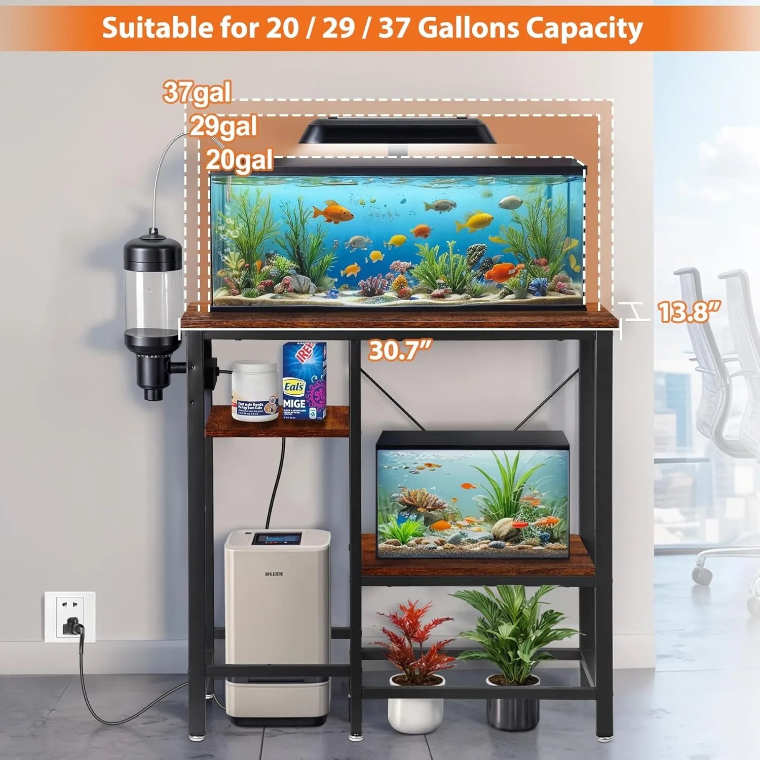 Soporte para pecera de 20-29-37 galones con estantes de almacenamiento ajustables de 3 niveles y toma de corriente, soporte para terrario, 30.7" largo x 13.7"