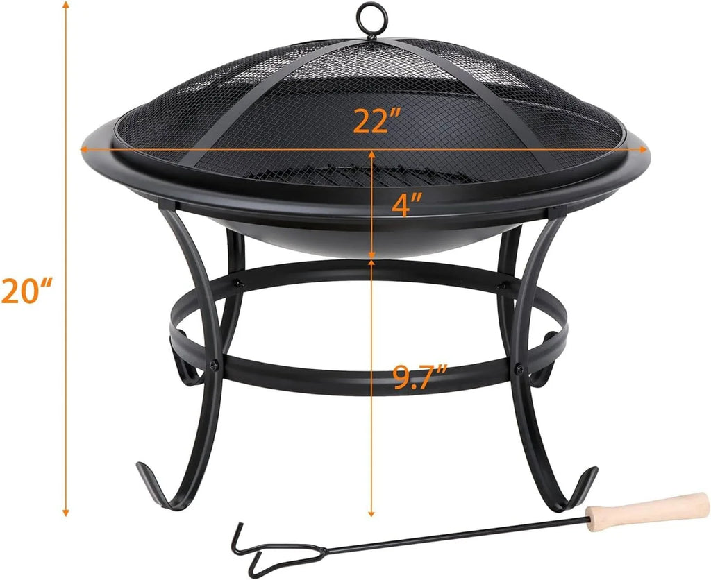 Pozo de fuego de 22 pulgadas, de acero, para leña, parrilla, cuenco, chimenea con pantalla de malla y atizador, rejilla para leña.