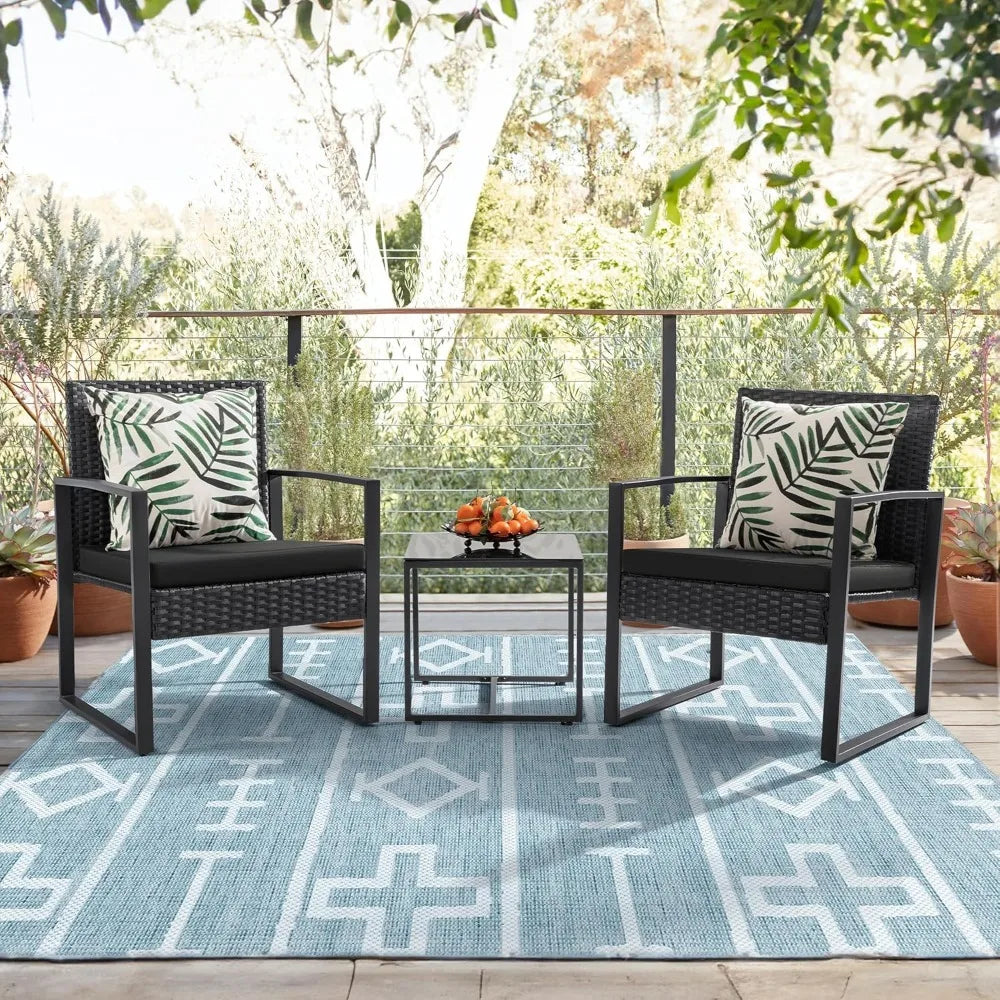 Juego de muebles de mimbre para patio exterior de 3 piezas, moderno juego de conversación de sillas de ratán con mesa de café para patio y bistró