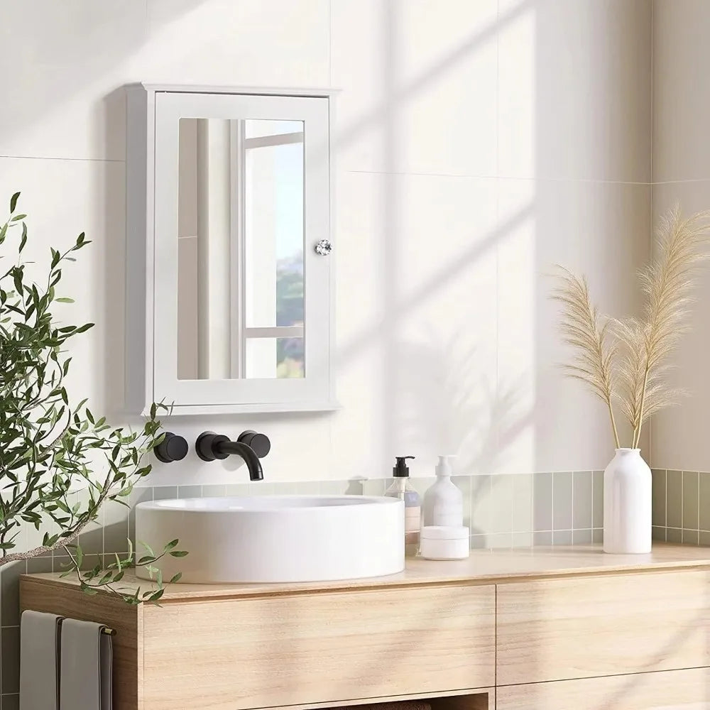 Botiquín de madera, blanco, para montar en la pared, con una sola puerta de espejo y estantes ajustables para baño, sala de estar