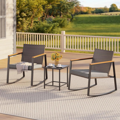 3 Pieces Rocking Patio Bistro Set with Anti-Scald Armrest, Outdoor Patio Wicker Furniture Set with Glass Table and Cushio