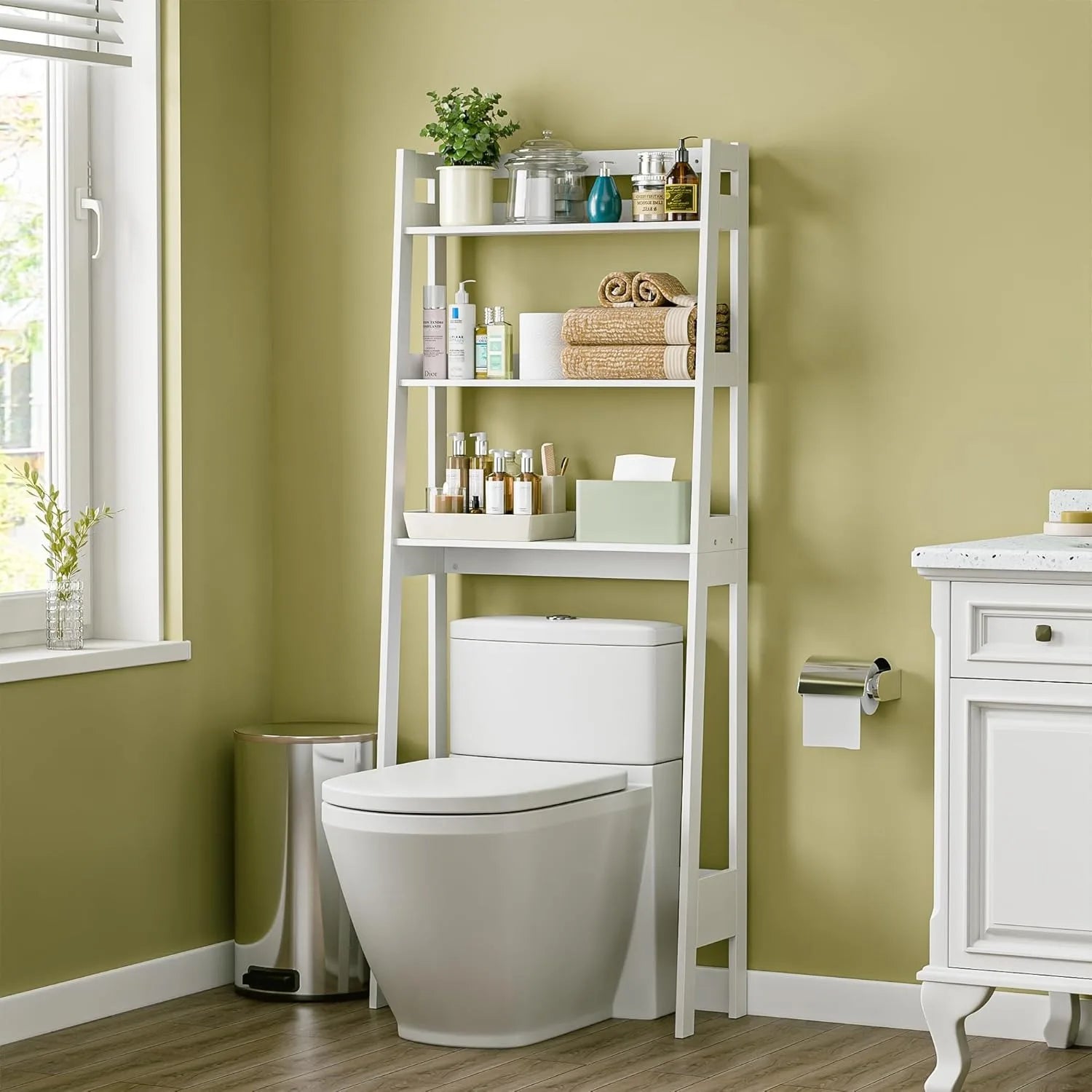 Estantería de almacenamiento para baño de 3 niveles sobre el inodoro, estante organizador de baño de madera independiente con estantes para lavandería