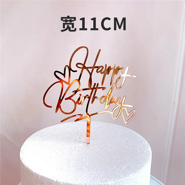 Gold Silver Happy Birthday Cake Toppers Acrylic Classic Birthday Cupcake Topper Dessert Decoration For Baby Shower Cake Supplies