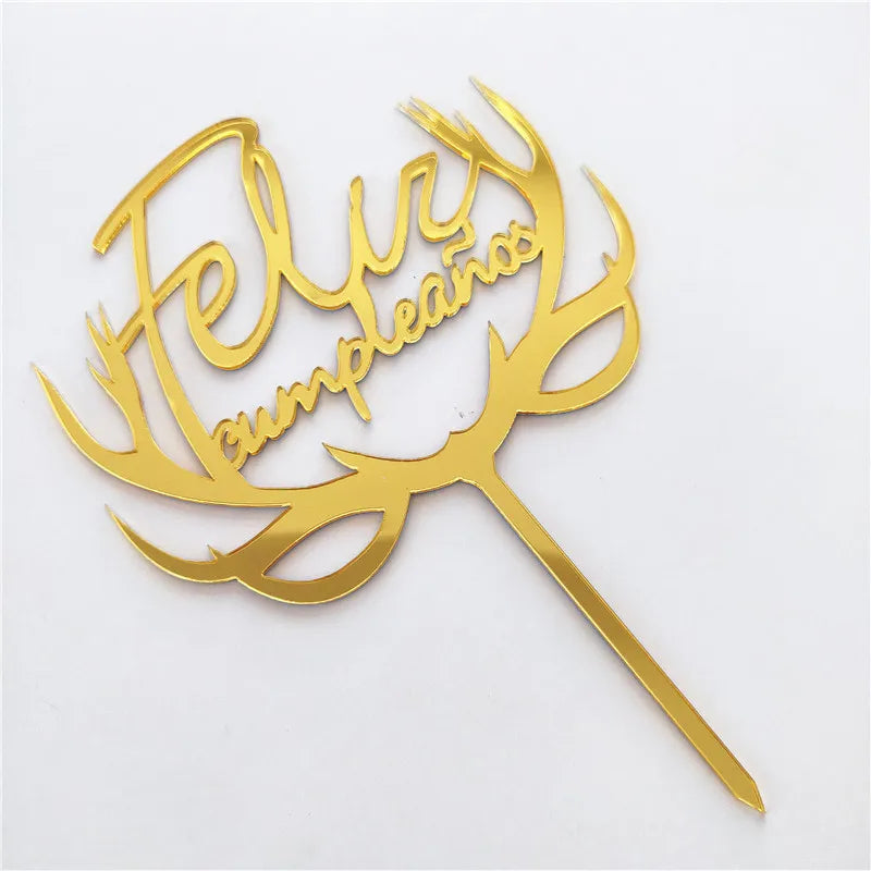 New Spanish Happy Birthday Cake Topper Gold Black Colored Acrylic Birthday Party Cake Toppers for Baby Shower Dessert Decoration