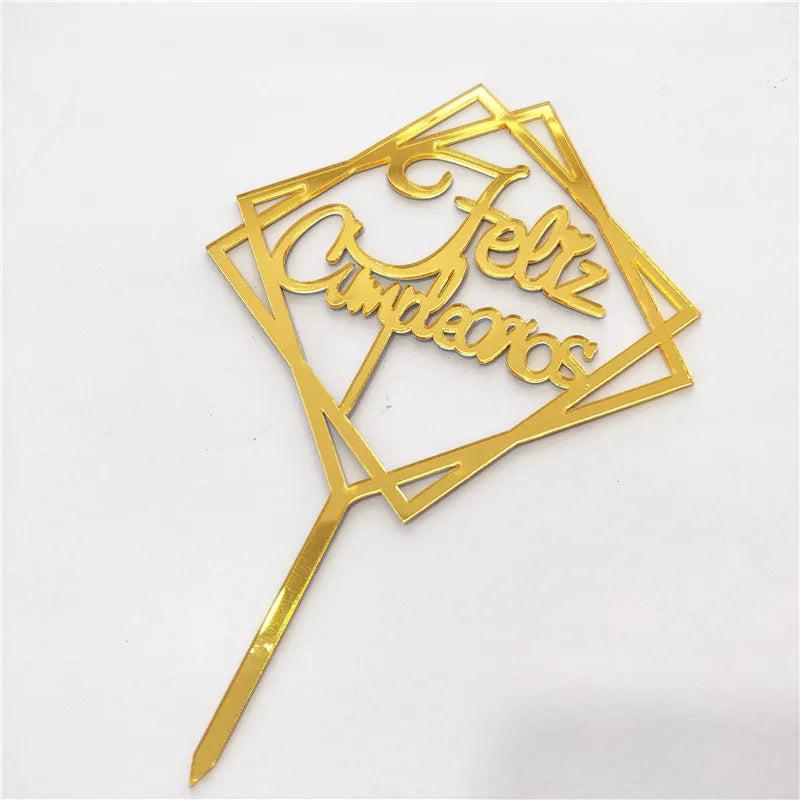 New Spanish Happy Birthday Cake Topper Gold Black Colored Acrylic Birthday Party Cake Toppers for Baby Shower Dessert Decoration