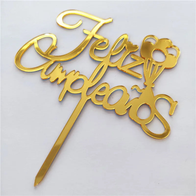 New Spanish Happy Birthday Cake Topper Gold Black Colored Acrylic Birthday Party Cake Toppers for Baby Shower Dessert Decoration