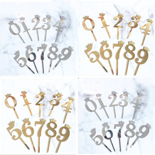 0-9 Crown Number Happy Birthday Cake Topper Gold Acrylic Wedding Party Cupcake Toppers for Baby Shower Gift Dessert Decoration