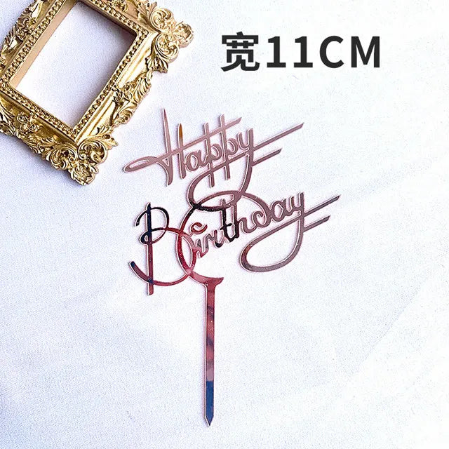 Ins Golden Happy Birthday Cake Topper Black Acrylic Birthday Party Cake Topper Cake for Baby Shower Dessert Decoration Gift Flag