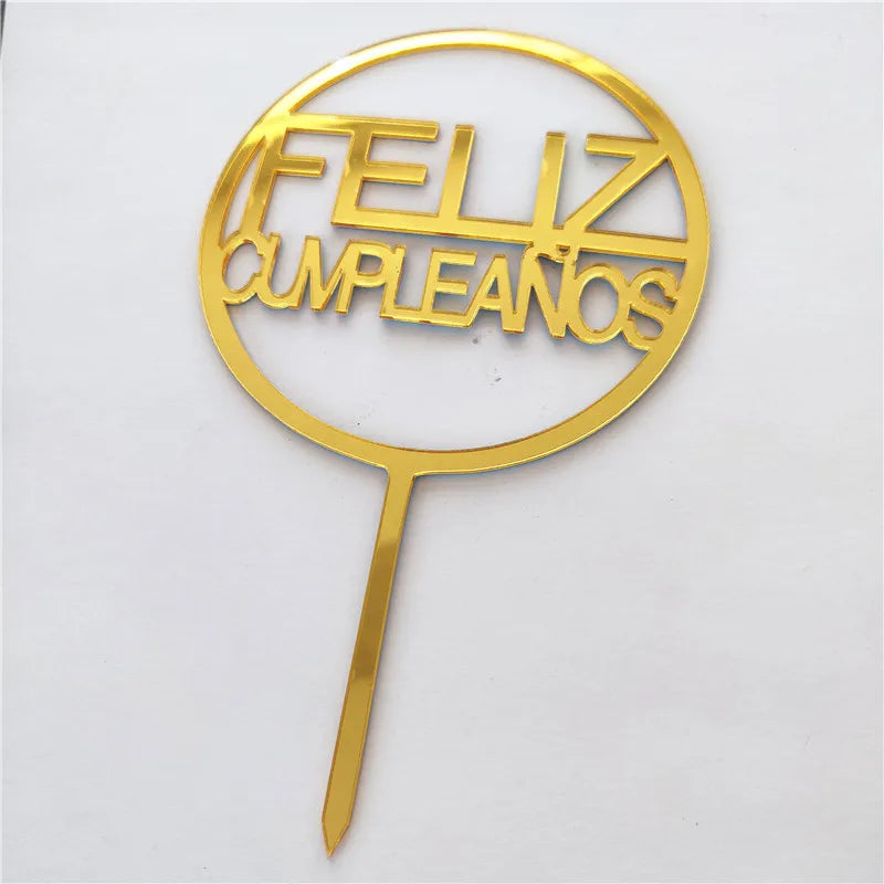 New Spanish Happy Birthday Cake Topper Gold Black Colored Acrylic Birthday Party Cake Toppers for Baby Shower Dessert Decoration