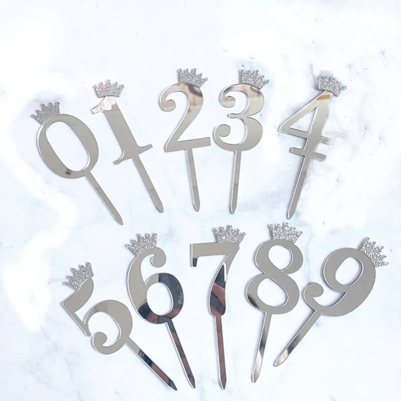 0-9 Crown Number Happy Birthday Cake Topper Gold Acrylic Wedding Party Cupcake Toppers for Baby Shower Gift Dessert Decoration
