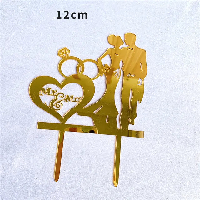 New MR&MRS Happy Wedding Cake Topper Gold Black Acrylic Ring Groom Bride Cake Topper Wedding Engagement Party Dessert Decoration