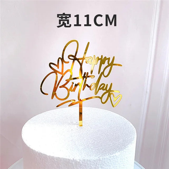 Gold Silver Happy Birthday Cake Toppers Acrylic Classic Birthday Cupcake Topper Dessert Decoration For Baby Shower Cake Supplies