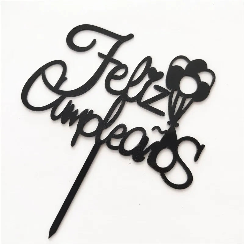 New Spanish Happy Birthday Cake Topper Gold Black Colored Acrylic Birthday Party Cake Toppers for Baby Shower Dessert Decoration